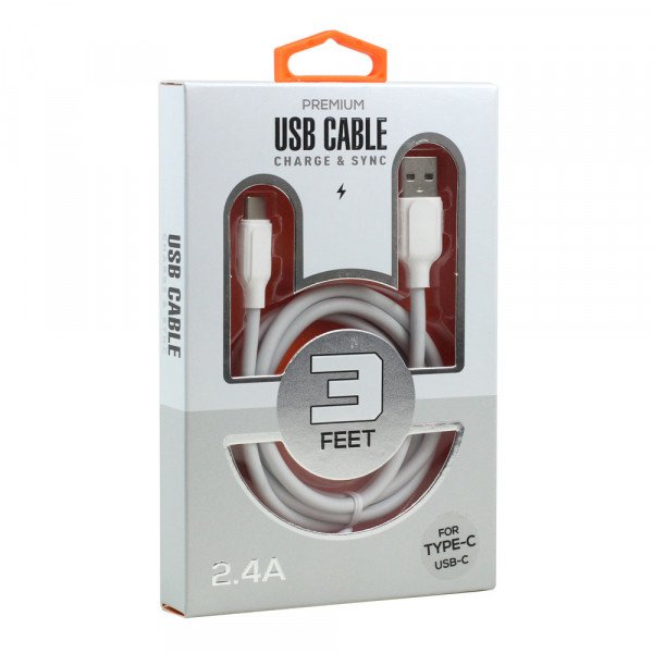 Wholesale Type C / USB-C 2.4A Heavy Duty Strong Durable Charge and Sync USB Cable 3FT (White)